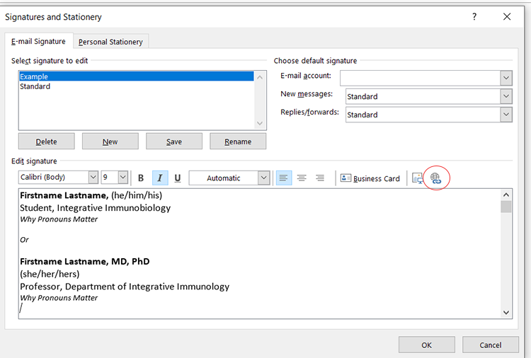 Screenshot of Outlook Signatures and Stationary page.
