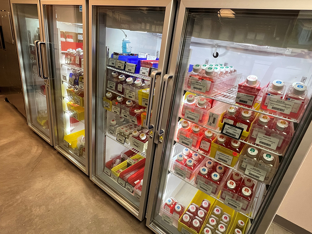 Large dairy coolers holding reagents and other research supplies. 