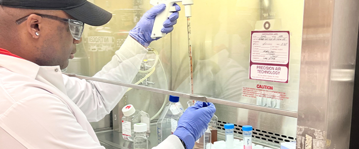 Staff member pipetting under a hood.